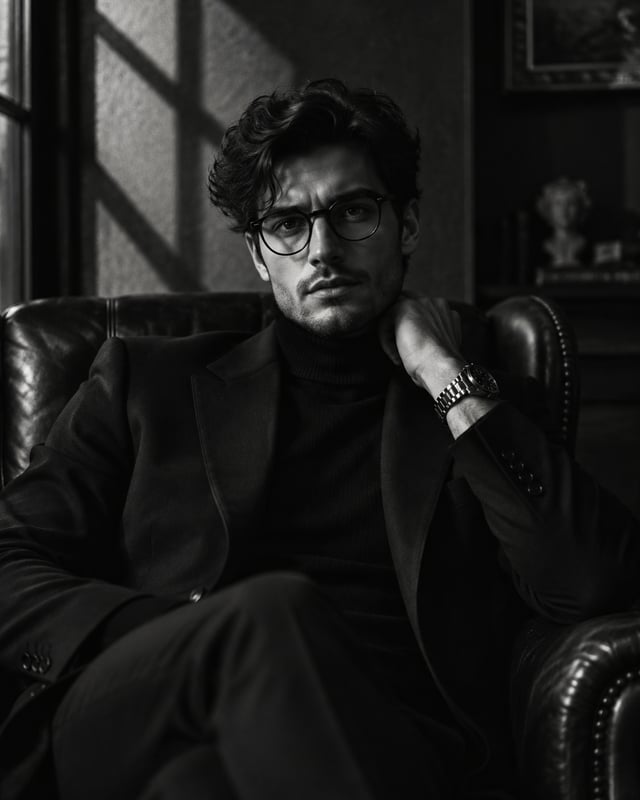 Ultra-realistic cinematic black-and-white portrait of a handsome young man with tousled wavy dark ha