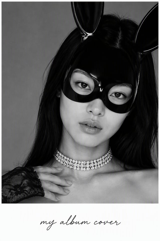 Black-and-white album-cover-style extreme close-up portrait of a WOMAN ONLY using @image1 as the sol