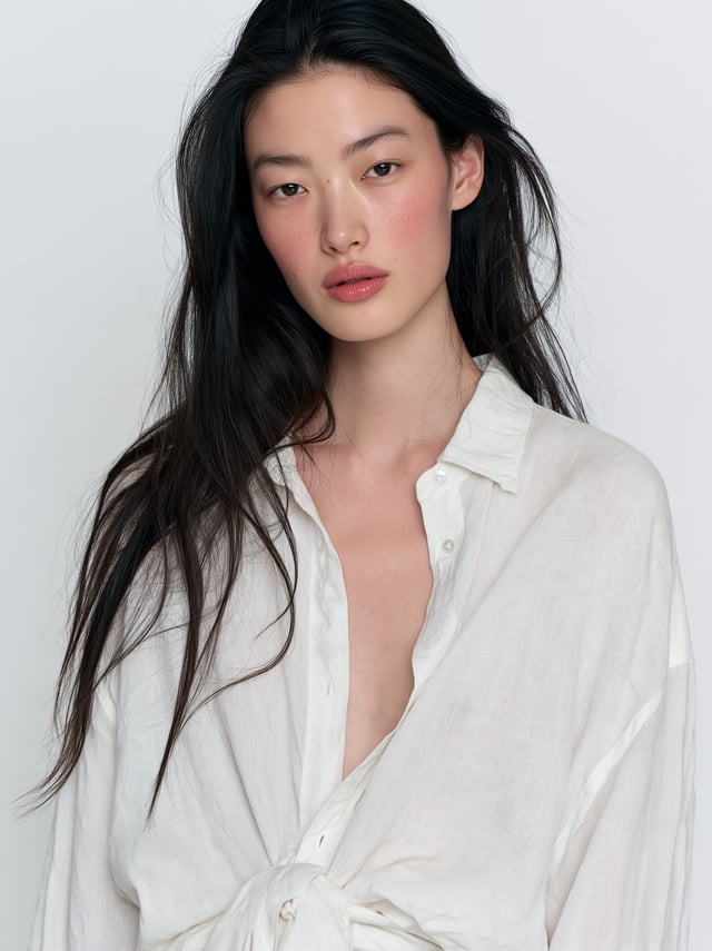 portrait of an Enst Asian female model with long black hair, soft pink blush makeup and glossy lips,