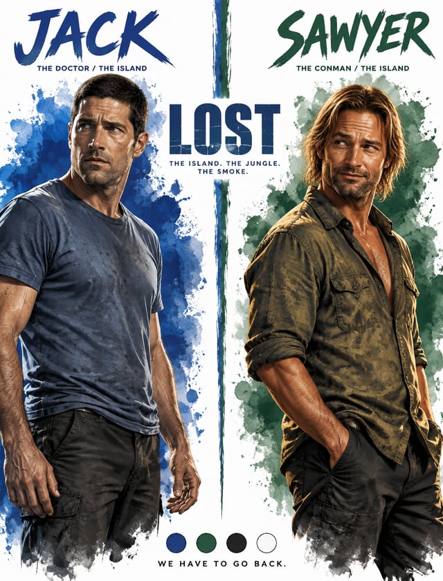 Create a premium, print-ready cinematic character bible sheet for JACK and SAWYER from LOST, arrange