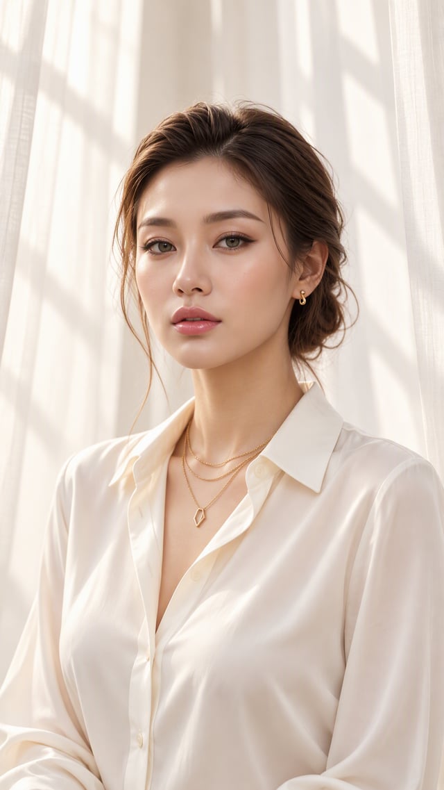 A beautiful 23-year-old woman with luminous ivory skin, gray-green eyes, naturally full lips, and lo