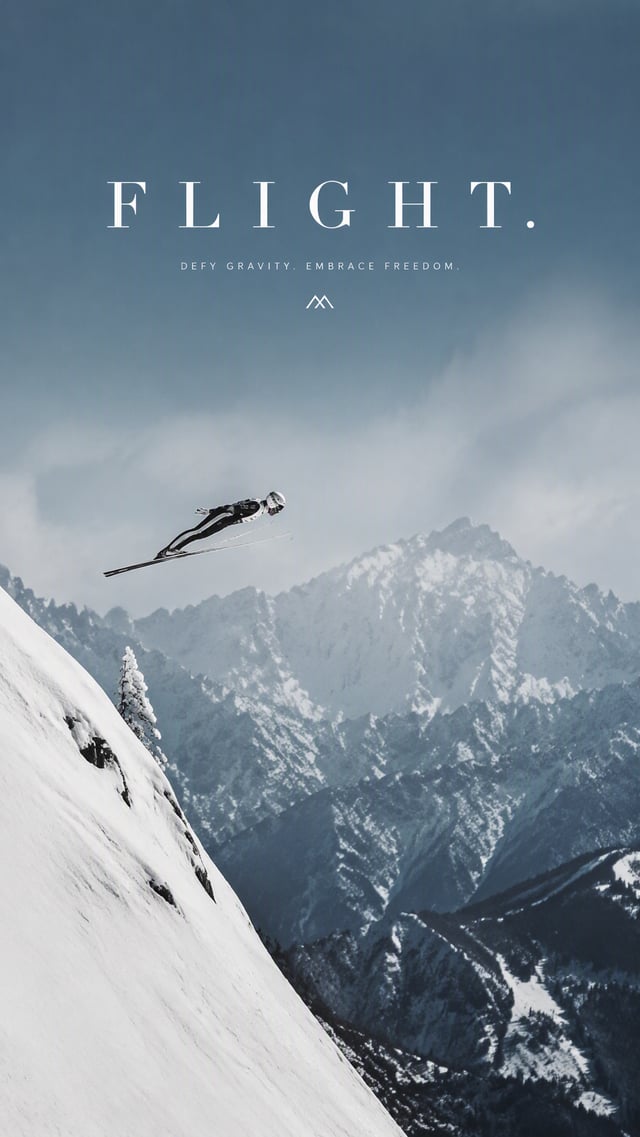 Create a premium 9:16 winter sports editorial. Main Subject: Young male ski jumper frozen mid-flight