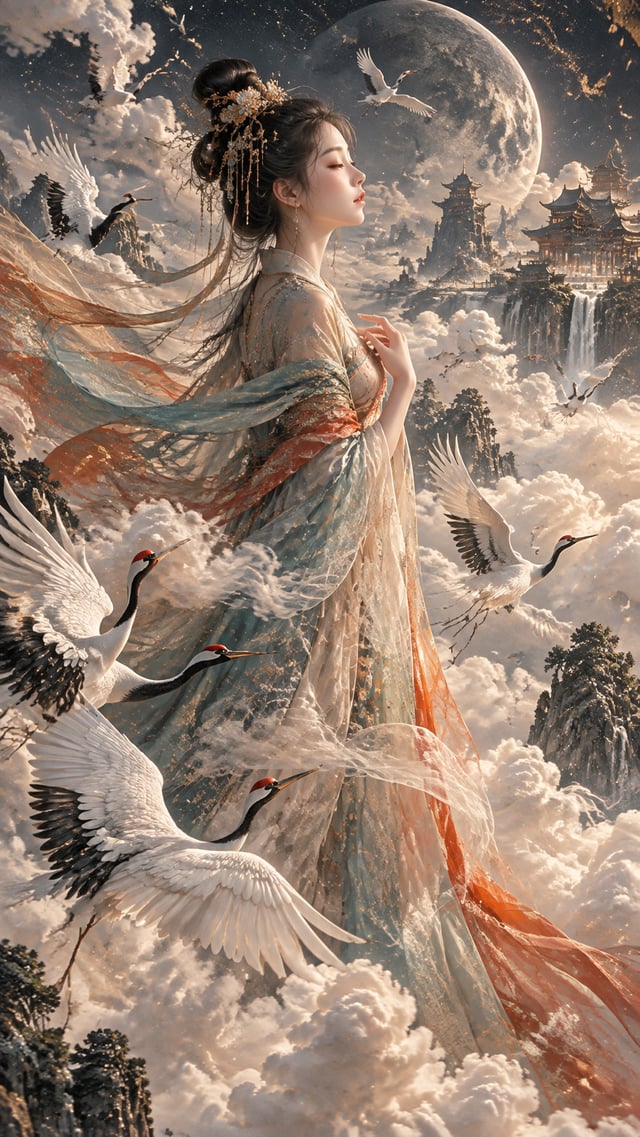 生成图片：新中式国风插画，一位古典东方女子，侧脸，双眼轻闭，高盘古风发髻，点缀精致金色发饰，飘逸多层薄纱汉服，纱衣如烟似雾，半透明流动质感，蓝青底色搭配橘红晕染，衣袂随风弥散。 人物立于浩瀚云海之中，