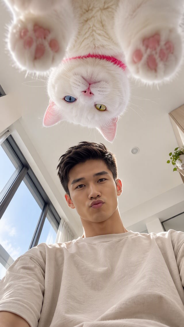 The identity reference for a young Asian man (photo attached), preserving his facial structure, skin