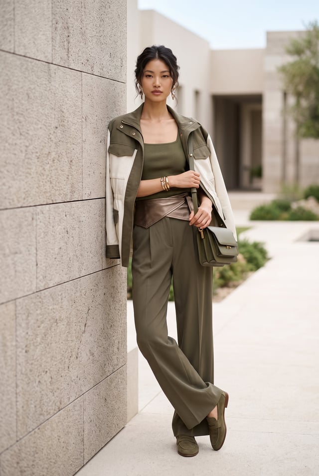 Transform the uploaded portrait subject [image1] into the fashion style of the reference image while