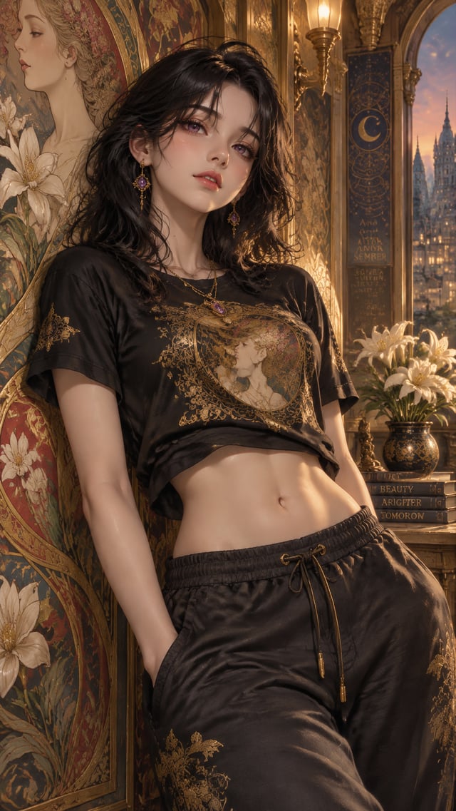 A highly detailed anime-inspired medium shot portrait of an alluring young woman with a confident ye