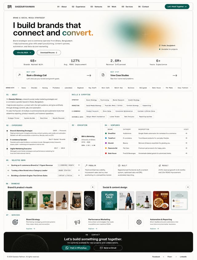 Design a modern, high-conversion portfolio-cum-resume website UI for Saeedur Rahman, a brand & socia