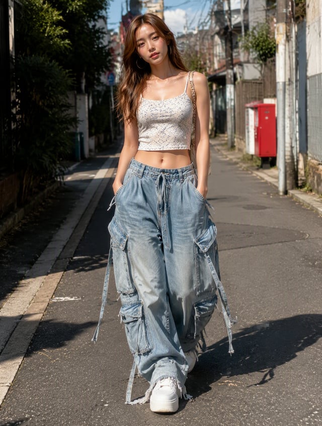The Original Canvas: A high-definition, photorealistic full-body street fashion photograph of a woma