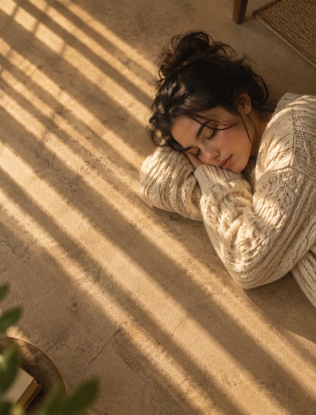 Top-down cinematic editorial photo, young woman with dark hair in messy bun lying on side on warm be