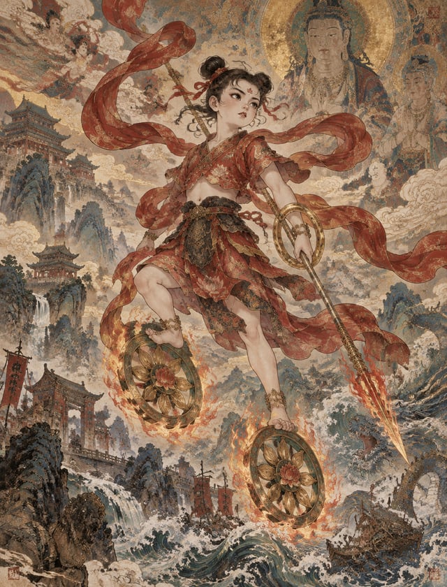 国风古壁画，工笔重彩，神话少年，莲化之躯，身着赤红轻罗短衫，混天绫为长飘带绕肩垂落，衣身暗刻莲华纹样，下系红绡战裙。腕悬乾坤圈，手执火尖枪，足下双脚各踩着一只古法莲纹风火轮，青铜鎏金轮身，八根莲瓣轮辐