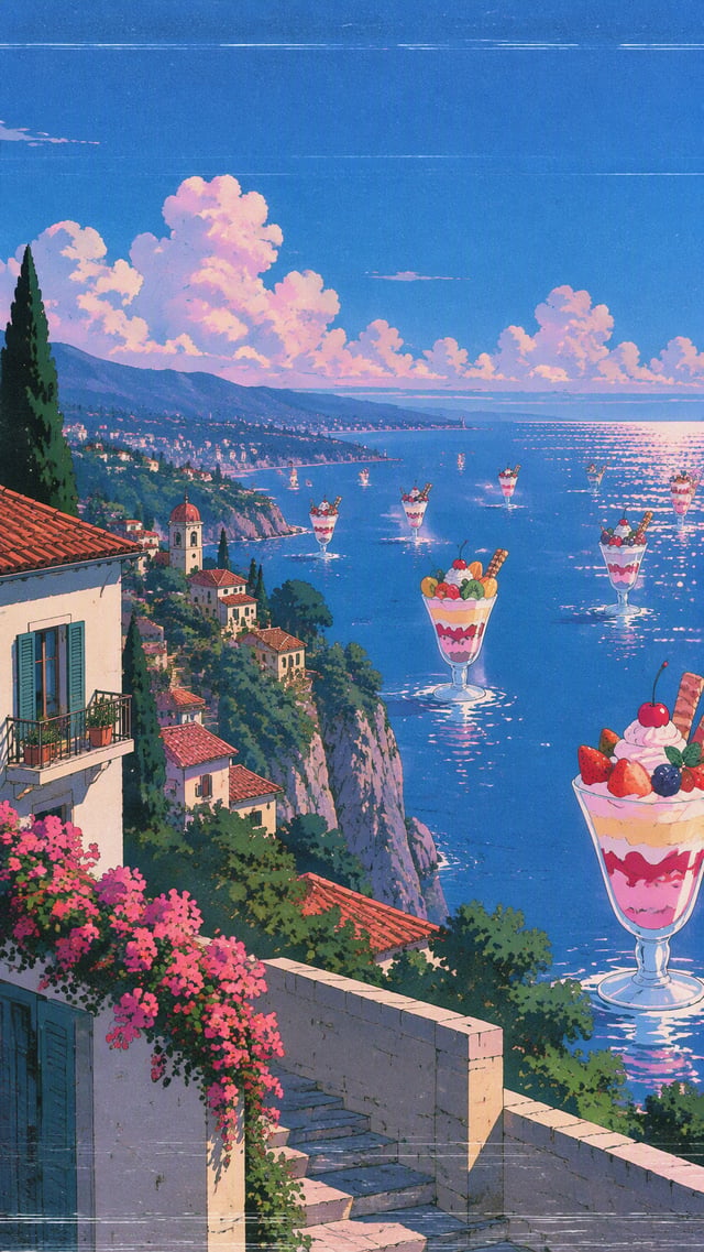 80s anime still, VHS grain and scan lines overlay, 【a small town on a cliff overlooking the ocean, s