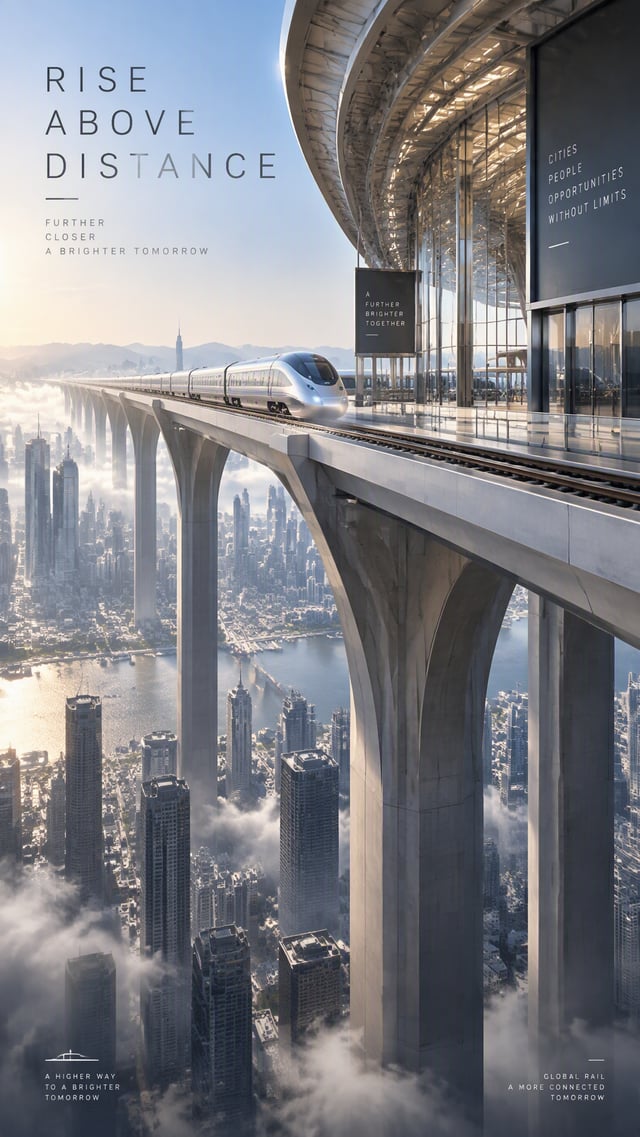 Premium 4:5 conceptual advertising poster for a future mobility campaign. A monumental railway stati