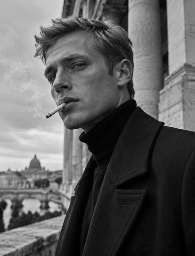 Ultra-realistic fashion black and white portrait of a man with short light hair, wearing a dark tail