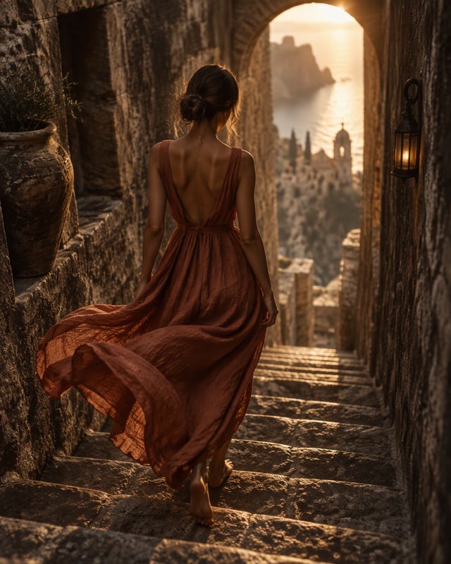 a woman from behind, low bun, wearing a flowing sleeveless terracotta linen dress, walking barefoot 