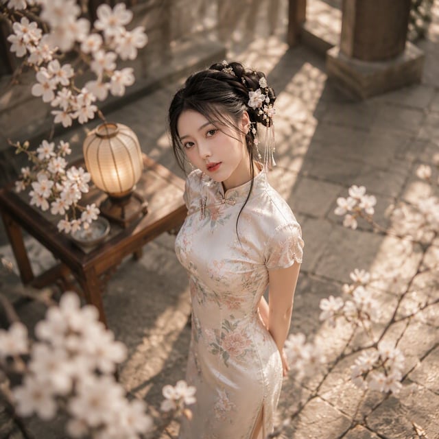 A young woman in an ornate, floral-patterned silk cheongsam stands on a stone courtyard, her gaze di