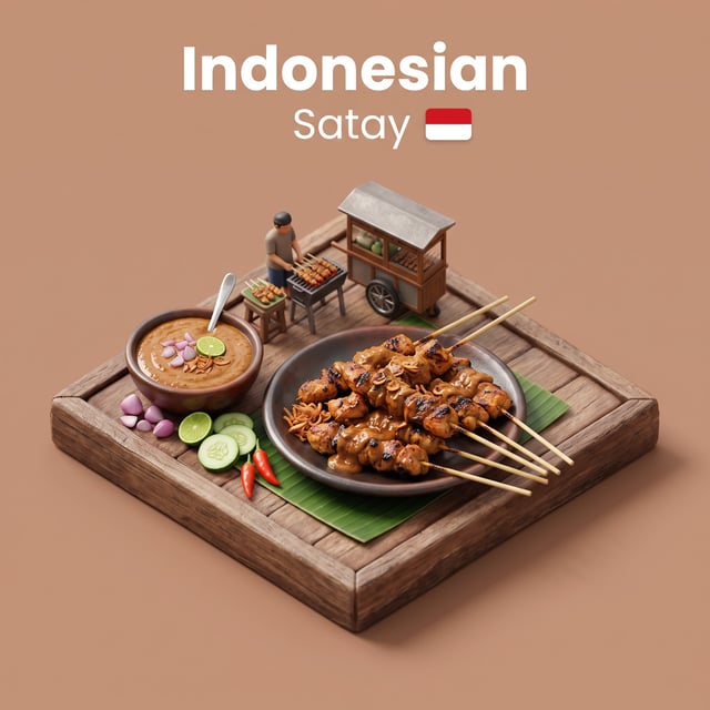Present a clear, 45° top-down isometric miniature 3D cartoon scene of Indonesian’s signature dish: S