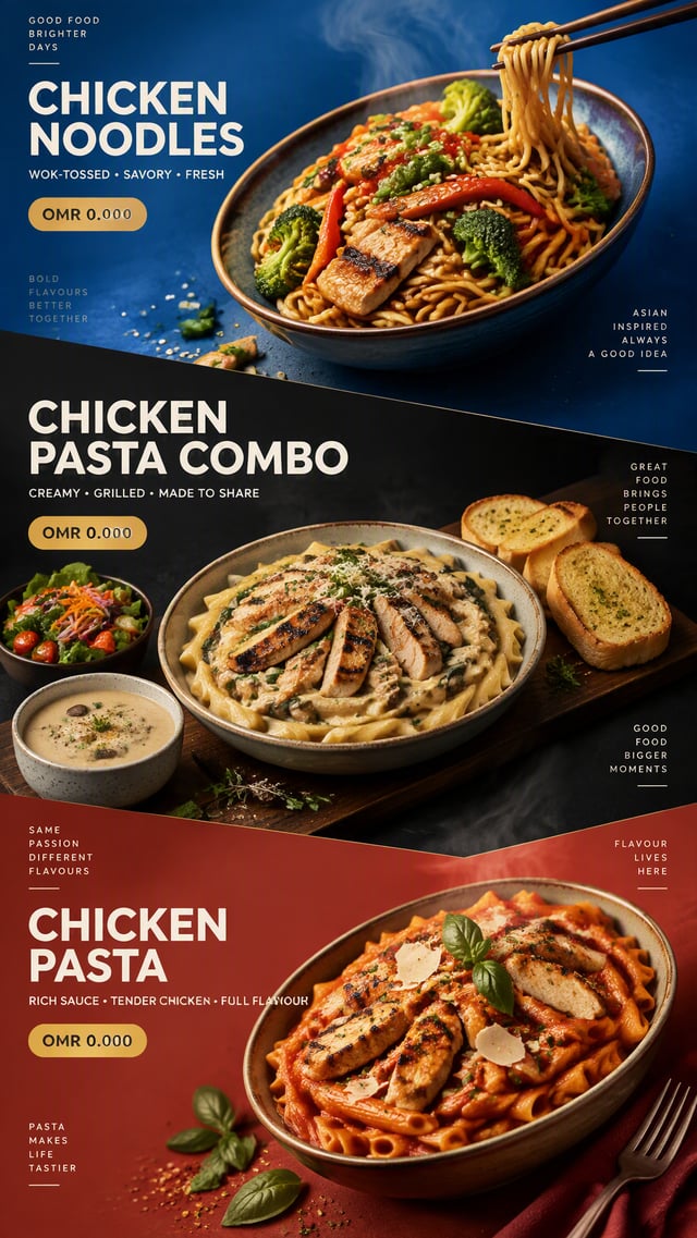 Create an ultra-premium restaurant advertising menu poster that merges bold Orbit-style compositiona