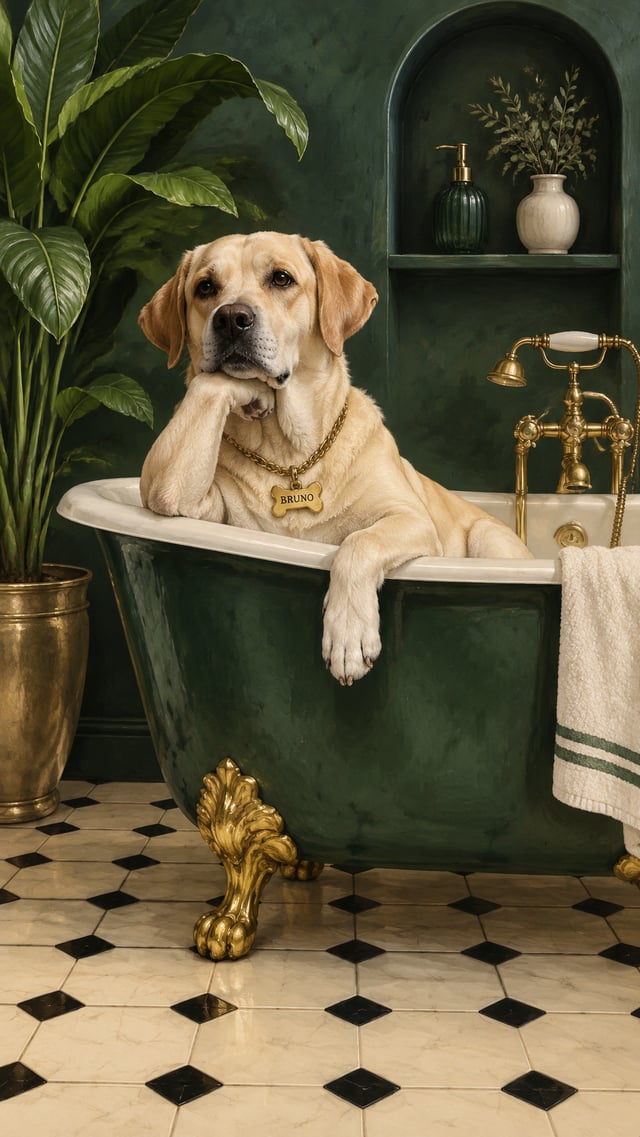 a stylized painting of a labrador dog inside a vintage green clawfoot tub. the labrader is detailed 