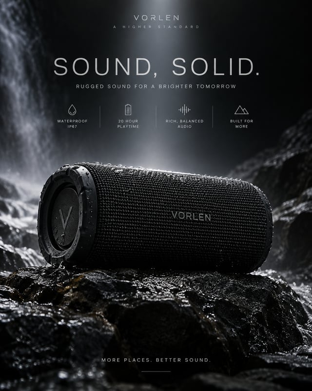 Premium 4:5 advertising poster for a premium portable speaker brand. A single matte-black speaker on