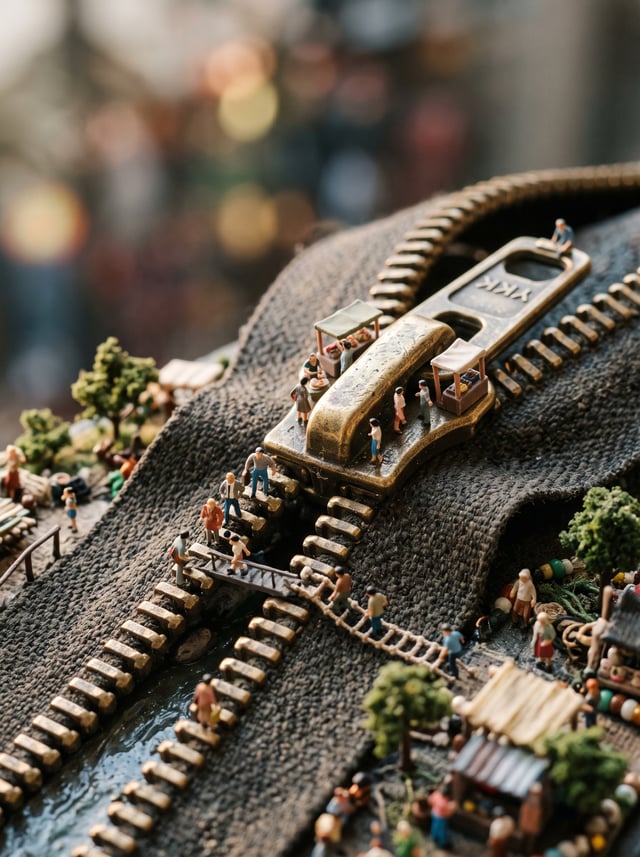 Create a hyper-realistic macro photograph of a miniature surreal scene. The environment is dominated