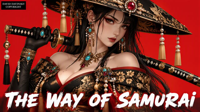 A beautiful anime-style illustration of an Asian female samurai warrior. She has long straight black