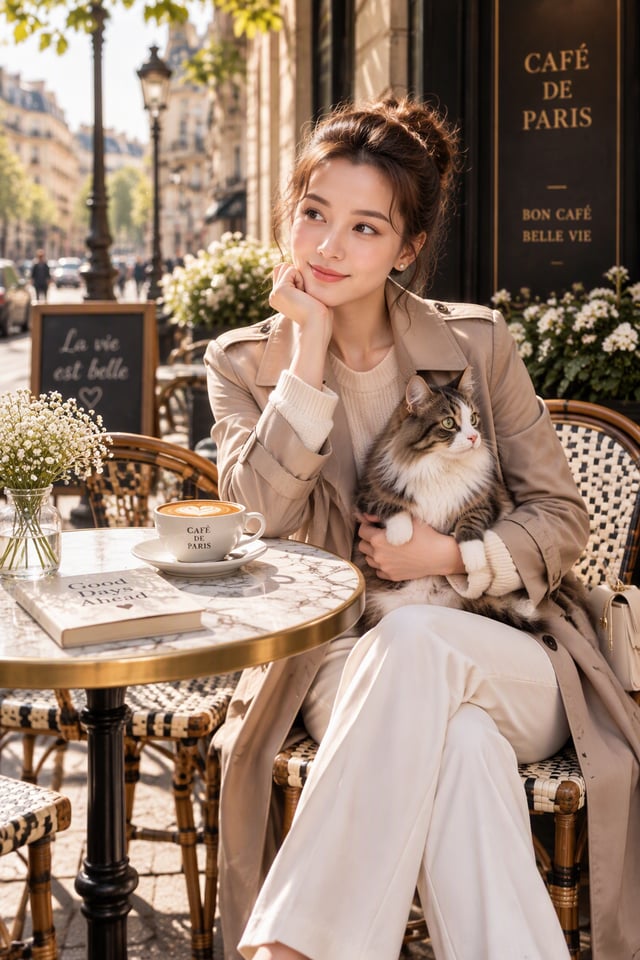 A candid portrait of a beautiful young woman sitting at an outdoor bistro table in a Parisian cafe o