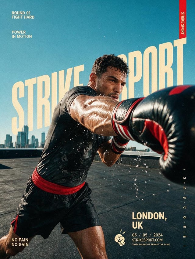 Create a full-bleed editorial action poster for STRIKE SPORT. The brand’s visual identity follows th