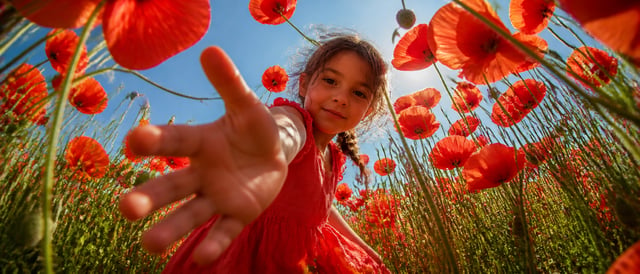 A young girl in a coral-red dress leans over the camera inside a dense field of scarlet poppies, ext