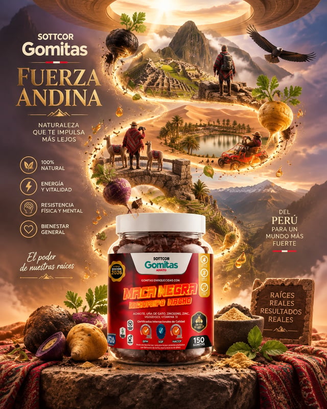 Ultra-detailed premium wellness advertisement poster for Sottcor Gomitas Peru, vertical composition,