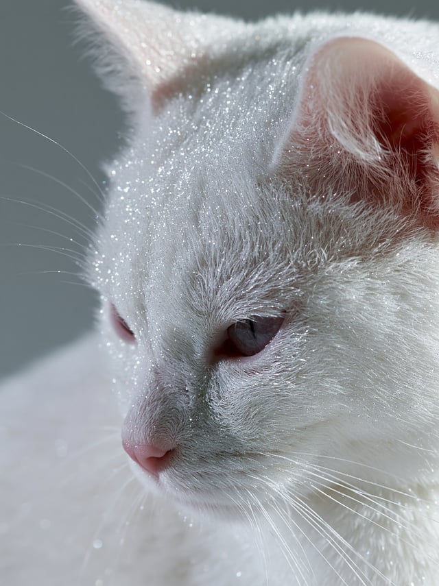 特写肖像，一只白色猫咪，皮毛上覆盖着闪烁的细碎钻石粉末与微光颗粒。猫咪面部特征精致细腻，拥有如同宝石般深邃的大眼睛，虹膜中闪烁着柔和的淡洋红色光泽。画面风格融合了Sana Takeda笔下繁复且充满幻