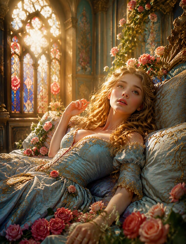 SUBJECT: a beautiful young woman waking from enchanted sleep, eyes opening, expression transitioning