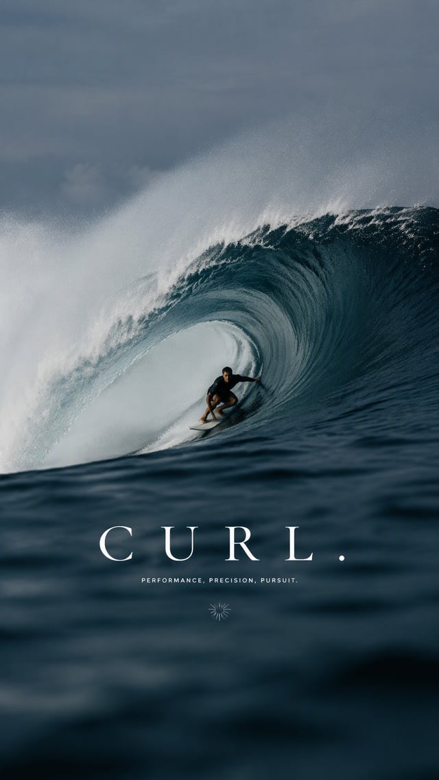 Create a premium 9:16 water sports editorial. Main Subject: Young male surfer riding inside the curl