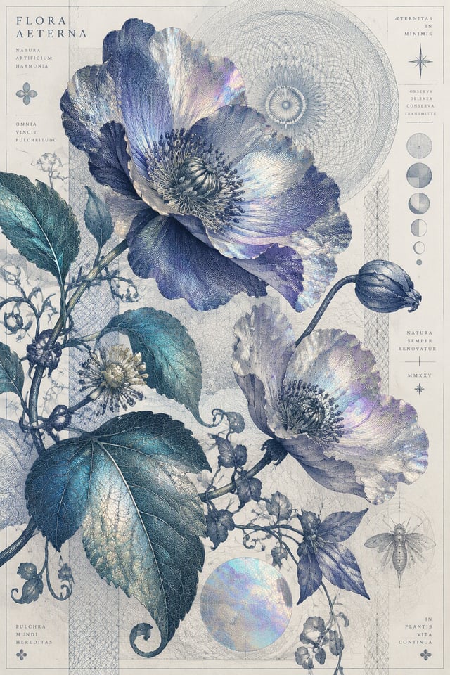 Create an elegant modern poster inspired by European currency engraving and botanical security-print