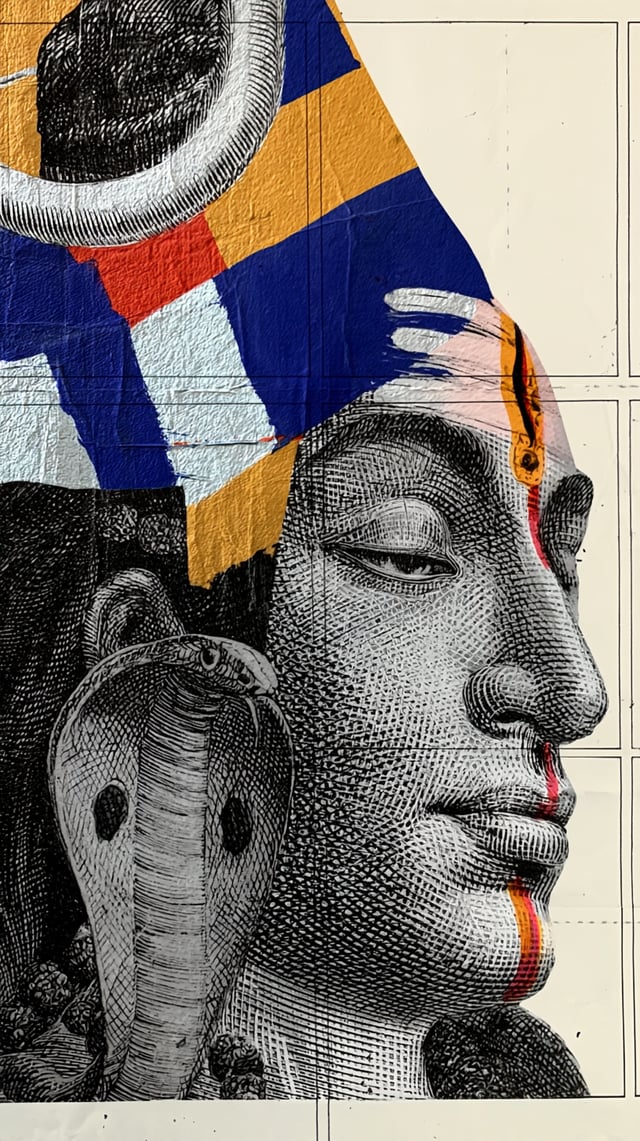 extreme close-up portrait of Lord Shiva, vintage engraving and etching illustration, dense black cro
