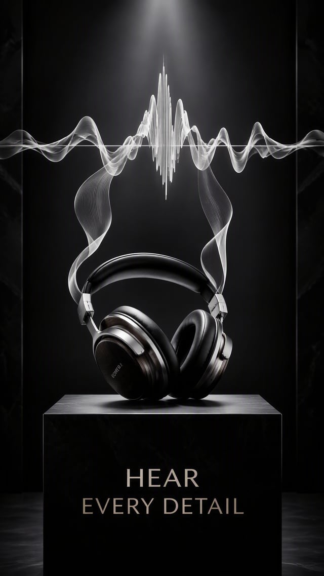 Premium 4:5 premium audio advertising poster.A pair of luxury headphones resting on a clean pedestal
