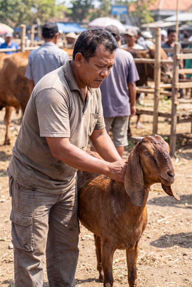 A particular moment is unfolding in a traditional livestock market in East Java, Indonesia. An ordin