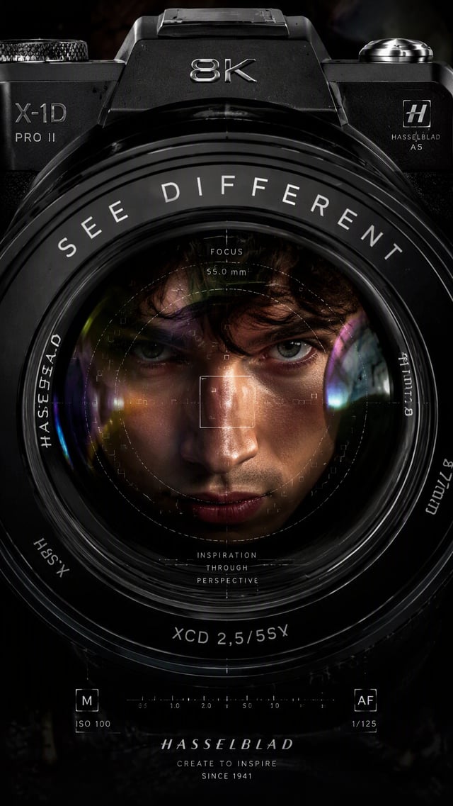 A premium 9:16 camera advertising poster.Main Subject:A young male model reflected inside the giant 