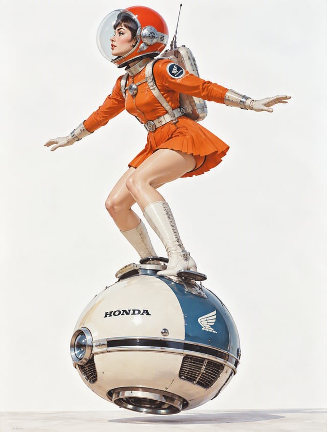 A retro-futurist female astronaut balances atop a compact spherical Honda hover-scooter, arms extend