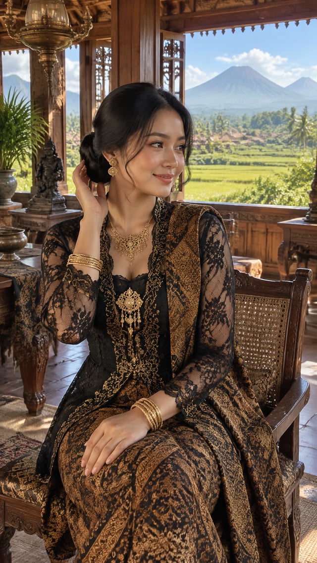 A photorealistic image capturing a beautiful Indonesian woman wearing authentic traditional East Jav