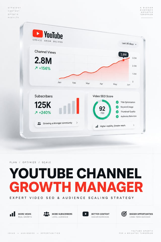 An ultra-sleek, minimalist agency presentation banner layout focusing on YouTube channel growth mana