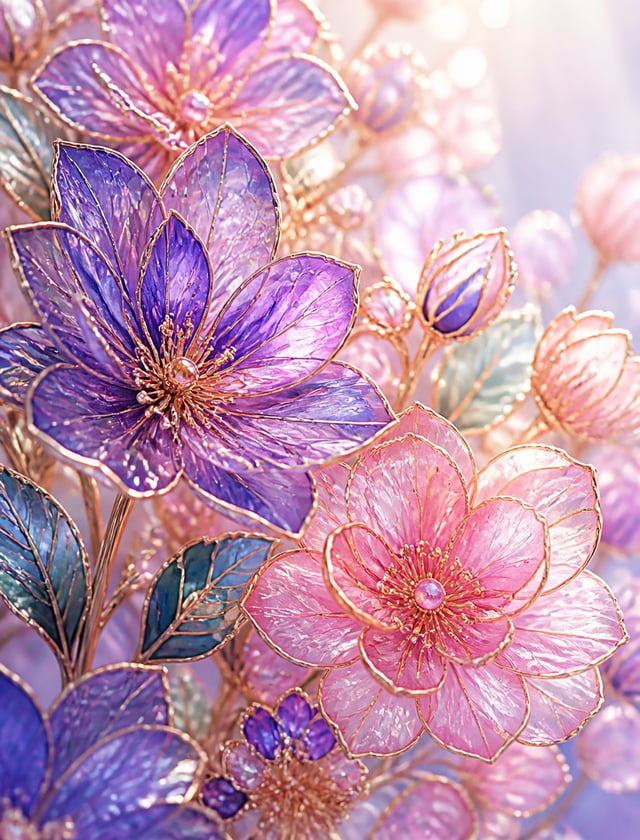 An intricate arrangement of translucent cloisonné-style floral ornaments radiates crystalline beauty