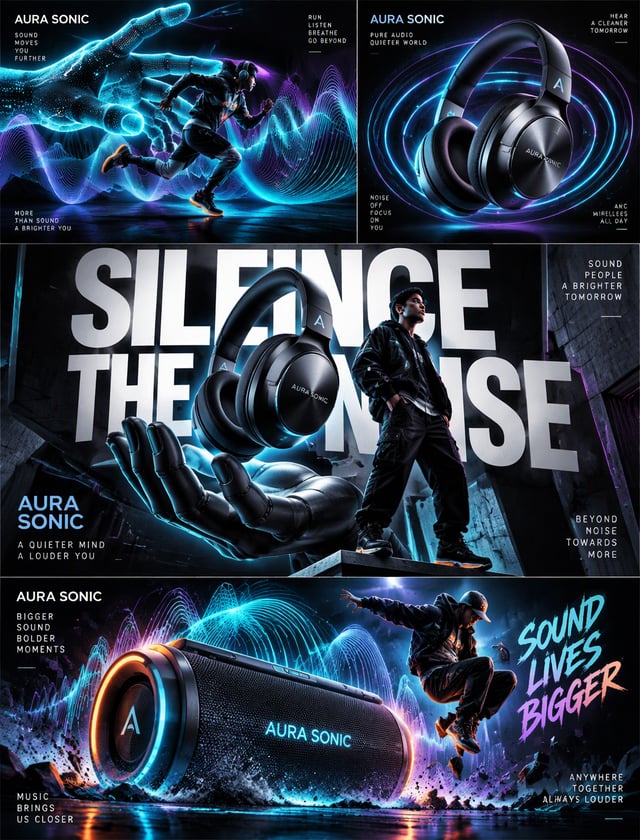 ### 智能音频品牌“AURA SONIC”多画幅插画海报设计提示词# 视觉风格与全局构图 (Visual Style & Global Composition)- 主题：为虚构的高端声学品牌“AUR