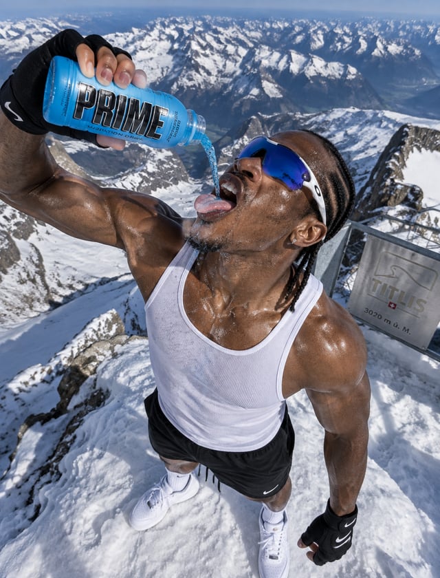 Dynamic overhead angle photograph of muscular athletic man with cornrow braids and bright blue mirro