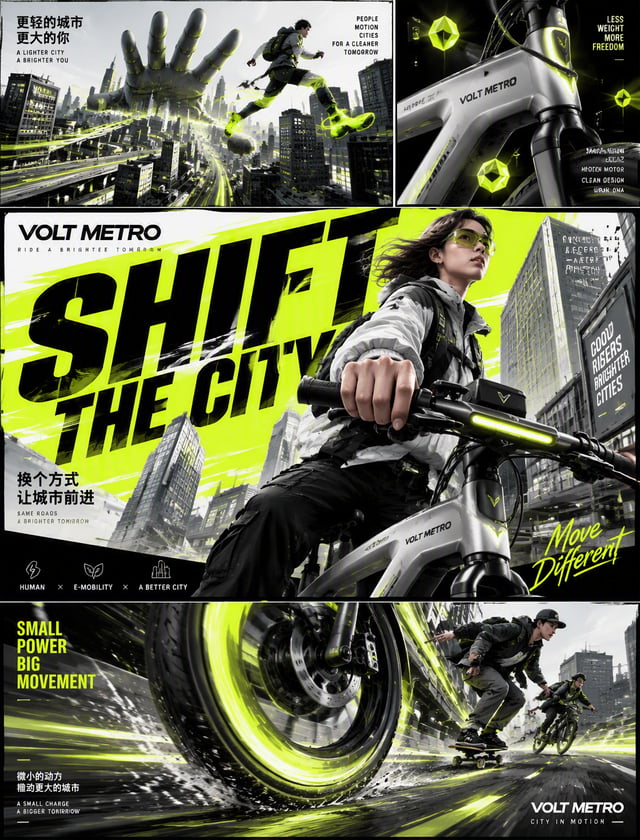 ### 城市轻行微动力品牌“VOLT METRO”多画幅插画海报设计提示词# 视觉风格与全局构图 (Visual Style & Global Composition)- 主题：未来通勤品牌“VOLT