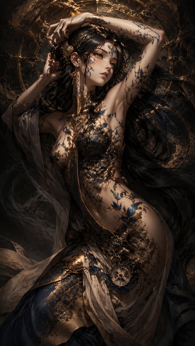 A majestic anime-style female figure, posed with the fluid grace of a Rodin sculpture, is the centra
