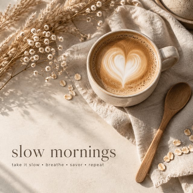 top-down flatlay of a latte with heart latte art in a cream ceramic mug, on crumpled natural linen f