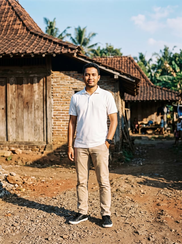 Seorang pria berpakaian santai berdiri menghadap kamera di sebuah halaman pedesaan yang berdebu, den