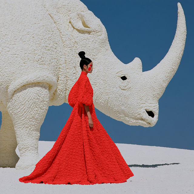 a surreal high-fashion editorial photograph, a colossal white rhinoceros walking directly behind an 