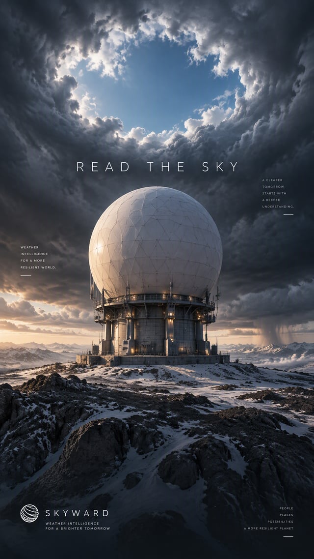 Premium 4:5 conceptual advertising poster for a global weather technology company. A monumental sphe