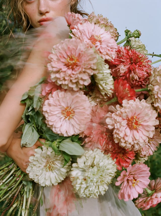 soft fashion photograph of a young woman quietly holding a large bundle of real zinnia flowers again